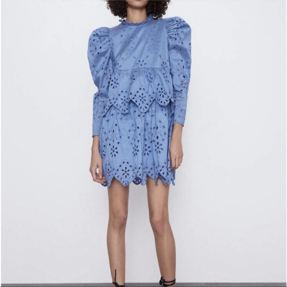 ZARA eyelet puff long sleeve mini dress size small